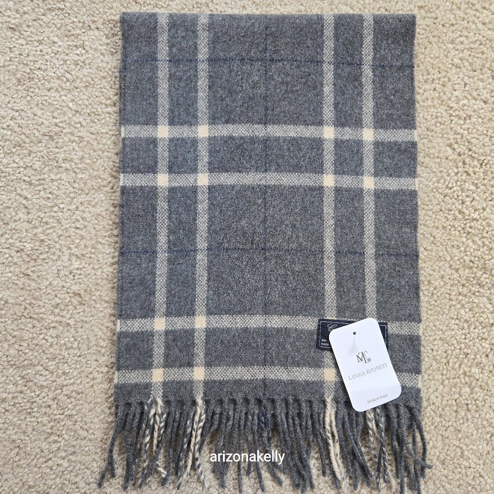 NWT Linea Emmeti Wool Cashmere Scarf Grey Plaid